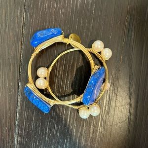 Lot of 2 wire wrapped Gold Bangle bracelets Pearl and Blue *EUC